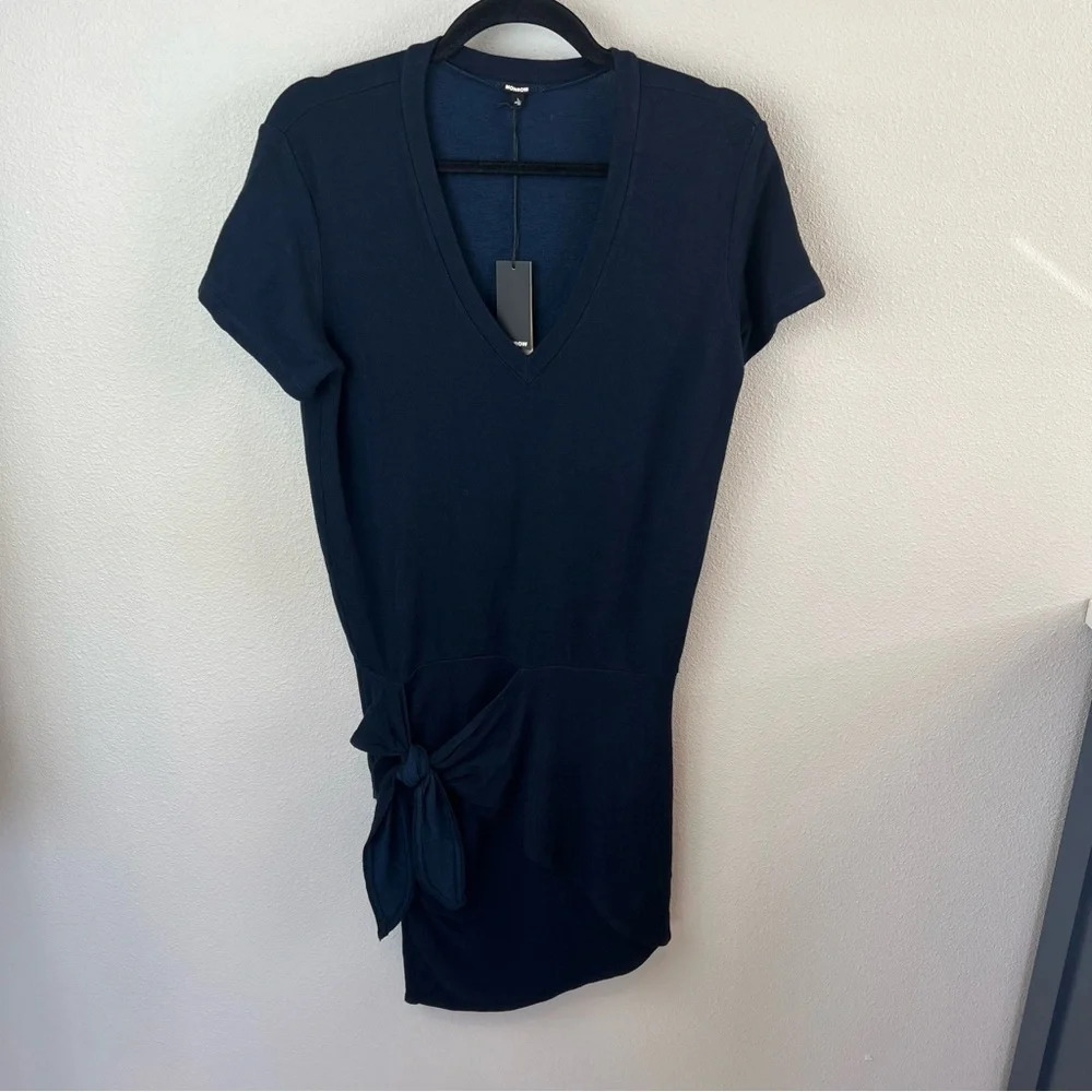 New MONROW NWT Supersoft Short Sleeve V-neck Dress w/Tie Inca Blue Women’s Large - Picture 3 of 13